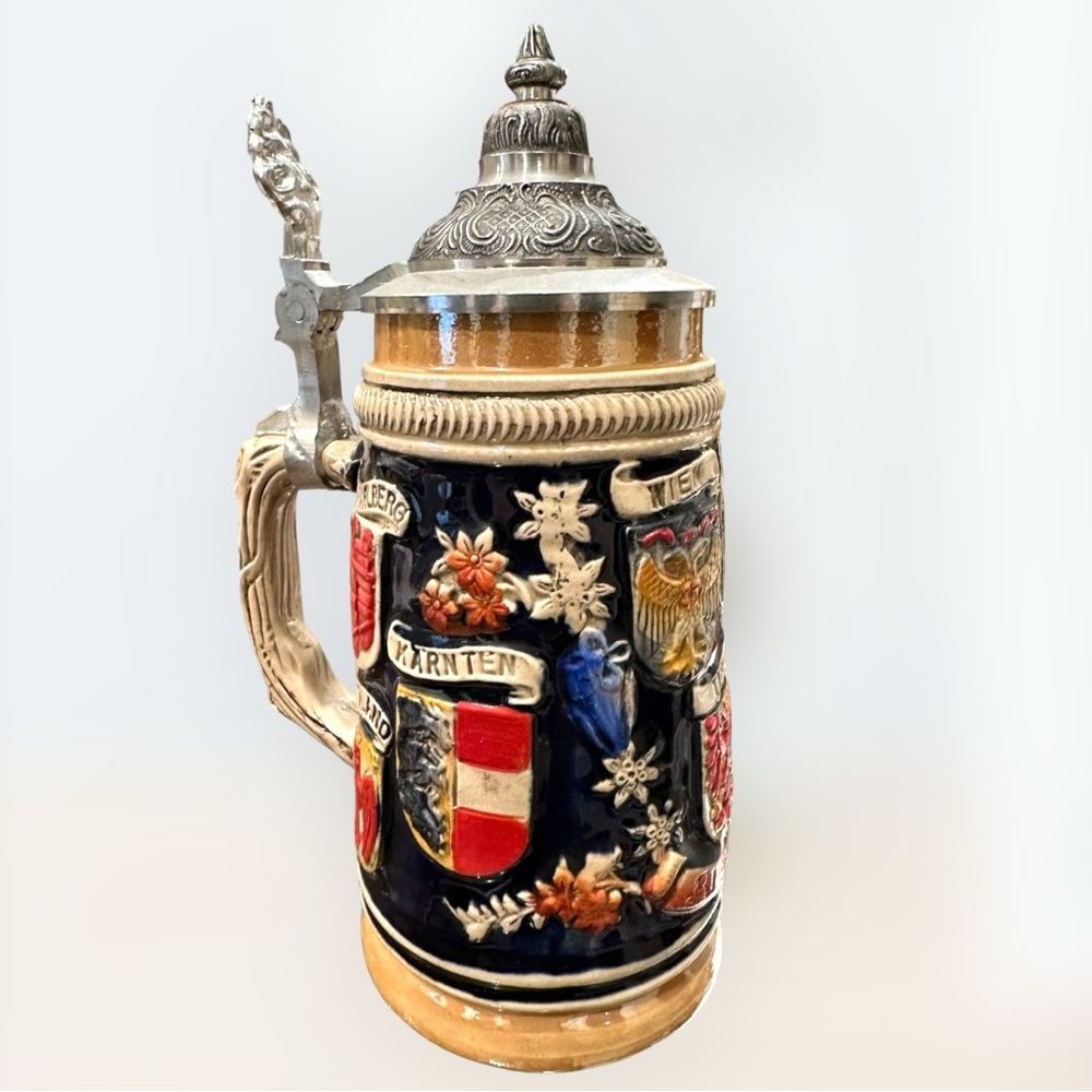 Handarbeit Vintage Beer Stein Austria Coat Of Arms Ceramic Pewter Lid Beer Mug